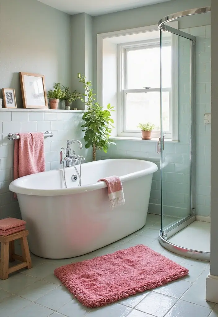 25+ Pink and Green Bathroom Ideas That Pop - 6. Stylish Pink and Green Rugs