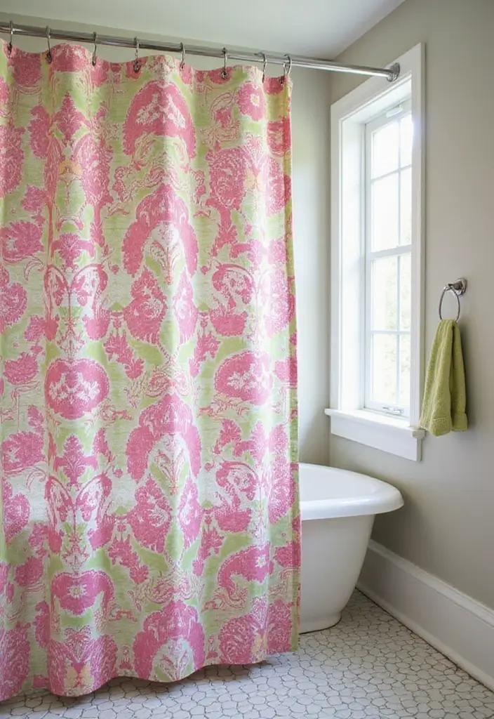25+ Pink and Green Bathroom Ideas That Pop - 8. Pink and Green Shower Curtains