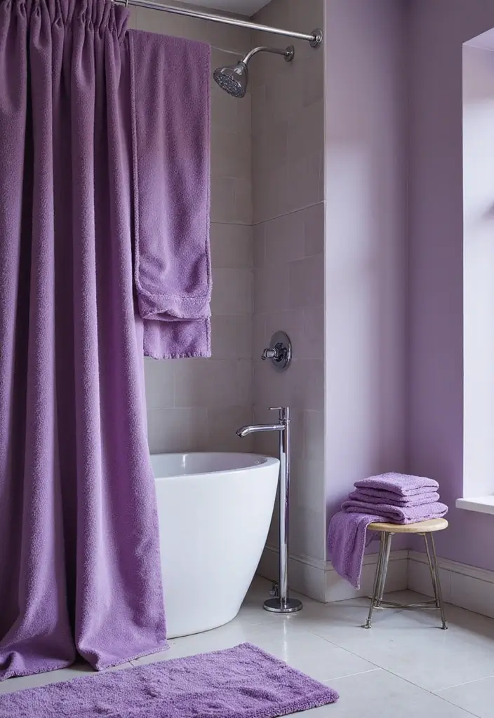 25+ Purple Bathroom Ideas That Feel Unique 15 25+ Purple Bathroom Ideas That Feel Unique - 15. Luxurious Purple Fabrics