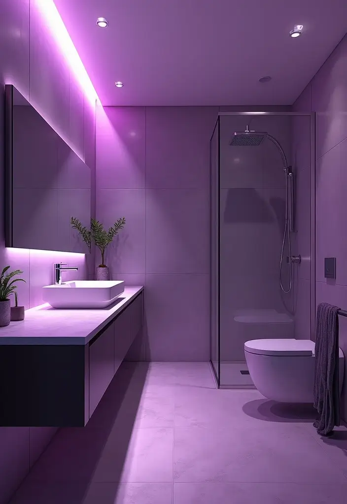 25+ Purple Bathroom Ideas That Feel Unique 17 25+ Purple Bathroom Ideas That Feel Unique - 17. Contemporary Purple Lighting