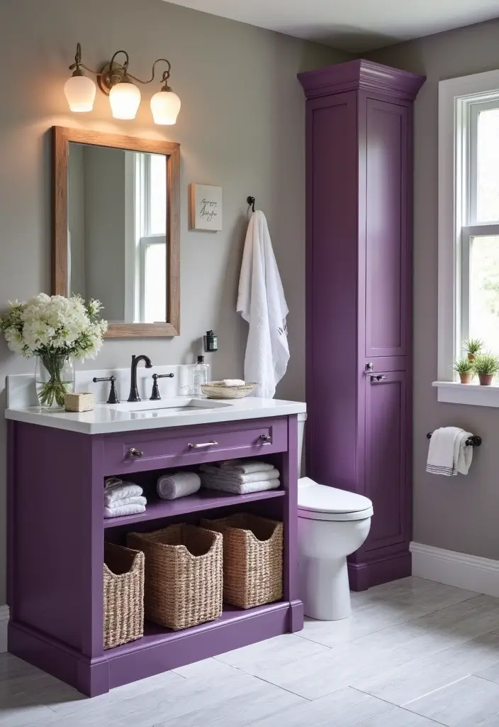 25+ Purple Bathroom Ideas That Feel Unique 18 25+ Purple Bathroom Ideas That Feel Unique - 18. Storage Solutions in Purple