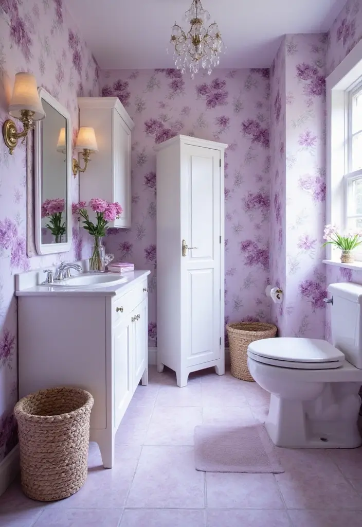 25+ Purple Bathroom Ideas That Feel Unique 20 25+ Purple Bathroom Ideas That Feel Unique - 20. Floral Themes with Purple Shades