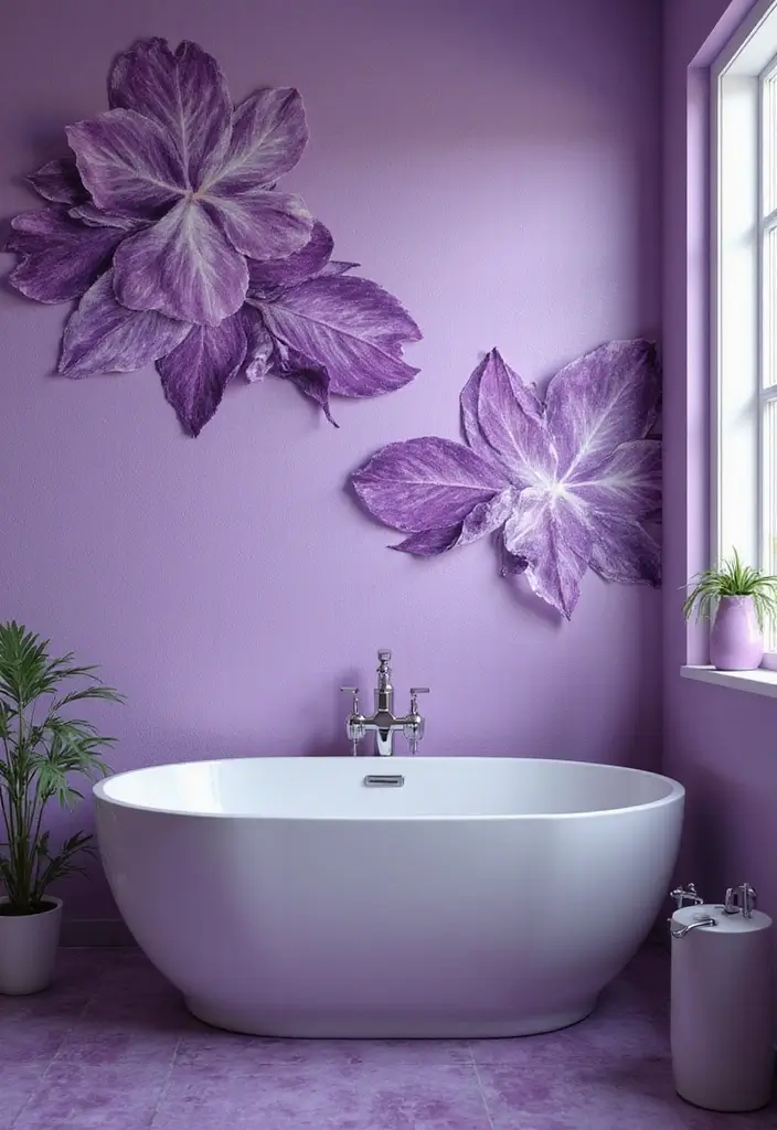 25+ Purple Bathroom Ideas That Feel Unique 21 25+ Purple Bathroom Ideas That Feel Unique - 21. Creative Wall Art in Purple