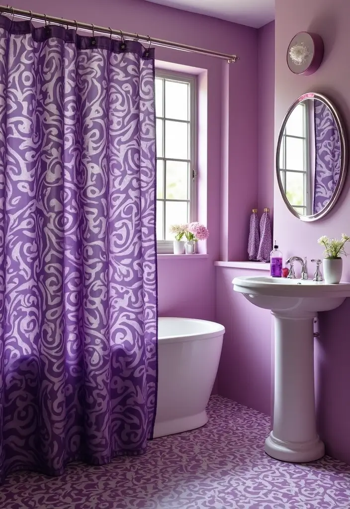 25+ Purple Bathroom Ideas That Feel Unique 22 25+ Purple Bathroom Ideas That Feel Unique - 22. Funky Shower Curtains