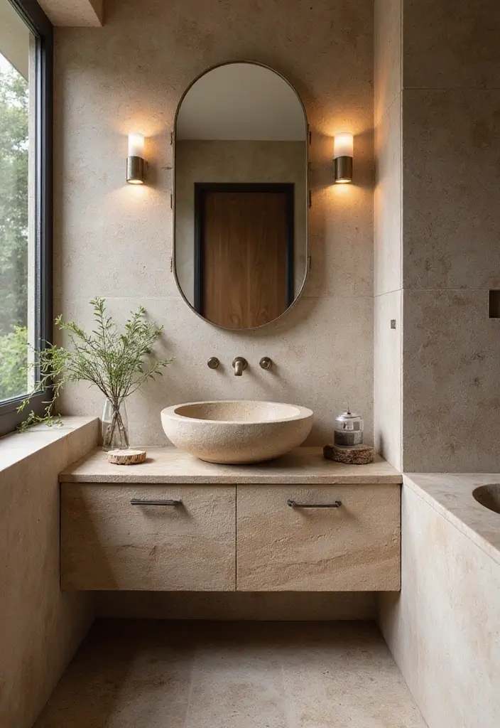 25+ Small Bathroom Vanity Ideas for Every Style 12 25+ Small Bathroom Vanity Ideas for Every Style - 12. Artisanal Stone Vanity