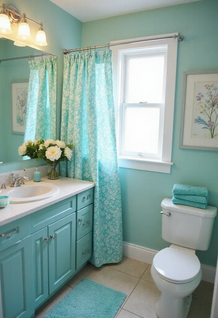 25+ Teal Bathroom Ideas for a Fresh Touch 16 25+ Teal Bathroom Ideas for a Fresh Touch - 16. Teal and Floral Patterns