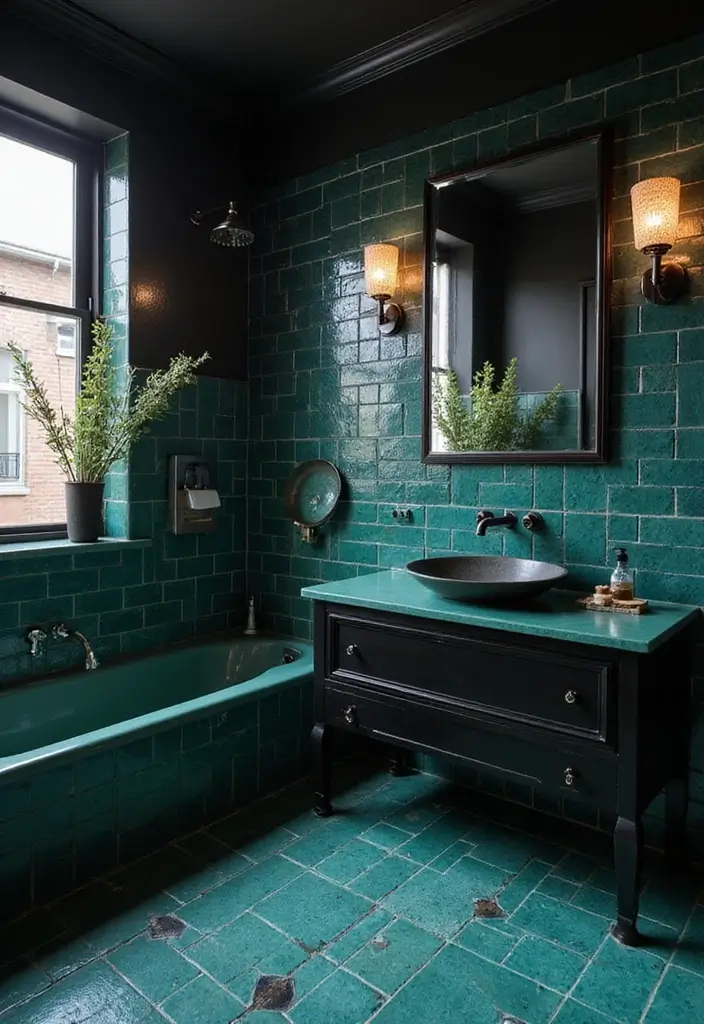 25+ Teal Bathroom Ideas for a Fresh Touch 23 25+ Teal Bathroom Ideas for a Fresh Touch - 23. Teal and Black Contrast