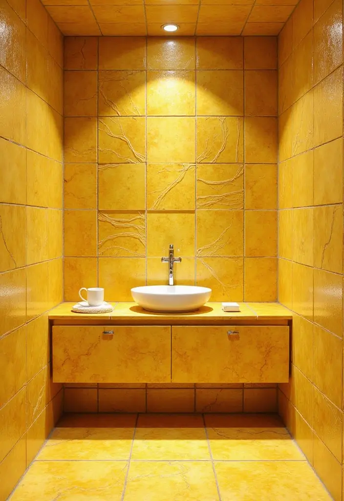 25+ Yellow Bathroom Ideas That Brighten Your Space 11 25+ Yellow Bathroom Ideas That Brighten Your Space - 11. Artistic Yellow Tiles