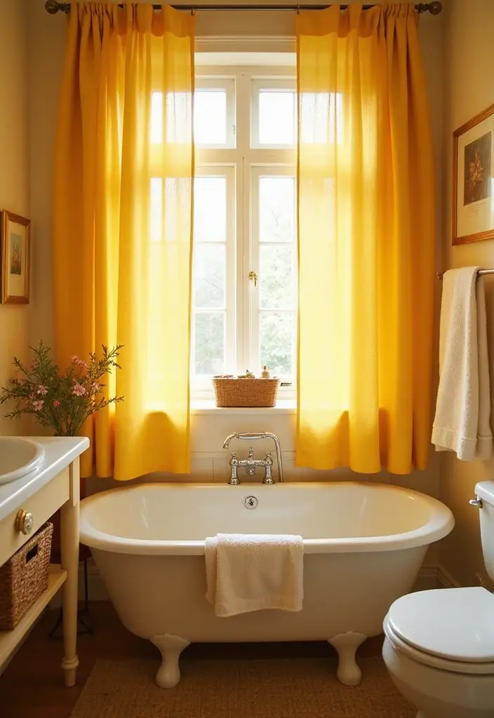 25+ Yellow Bathroom Ideas That Brighten Your Space 12 25+ Yellow Bathroom Ideas That Brighten Your Space - 12. Yellow Curtains and Drapes