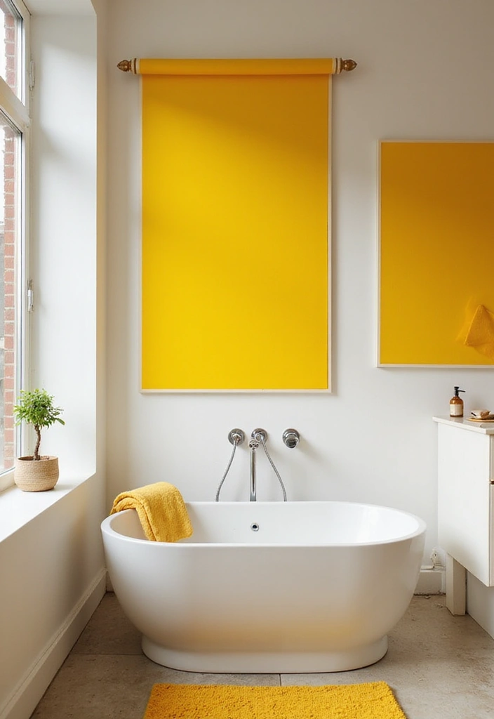 25+ Yellow Bathroom Ideas That Brighten Your Space 13 25+ Yellow Bathroom Ideas That Brighten Your Space - 13. Bright Yellow Artwork