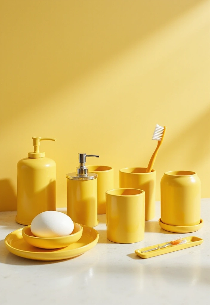 25+ Yellow Bathroom Ideas That Brighten Your Space 14 25+ Yellow Bathroom Ideas That Brighten Your Space - 14. Yellow Bath Accessories