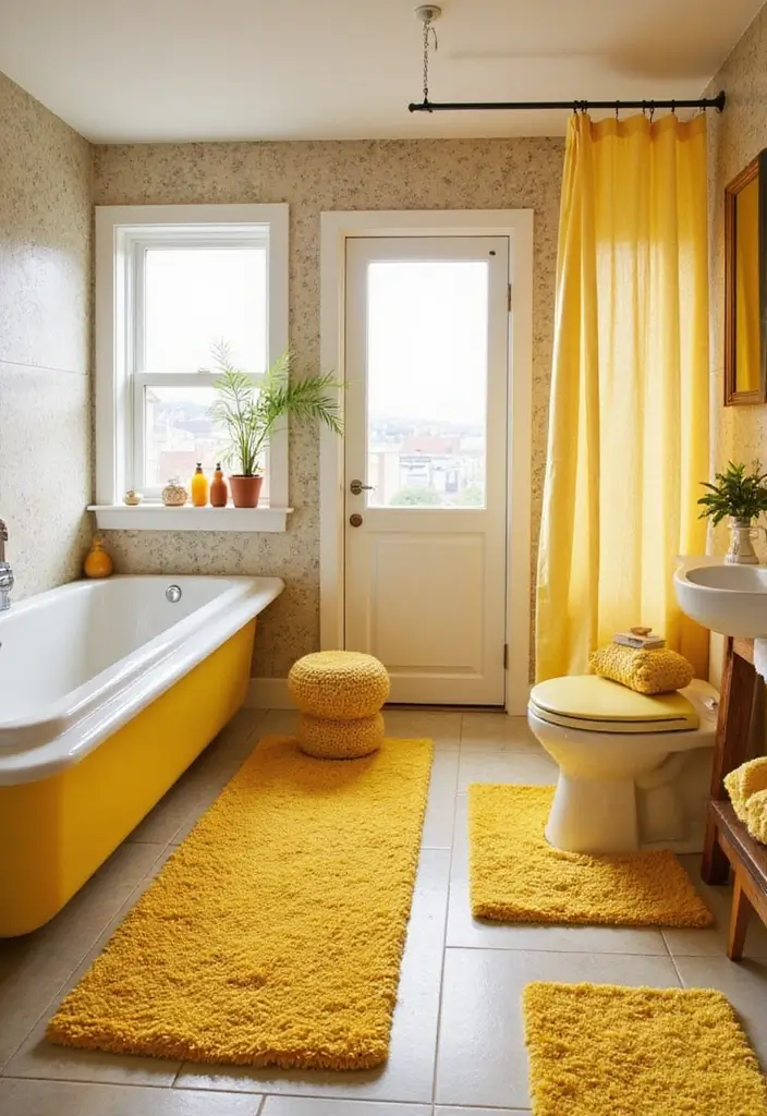 25+ Yellow Bathroom Ideas That Brighten Your Space 16 25+ Yellow Bathroom Ideas That Brighten Your Space - 16. Yellow Rugs and Mats