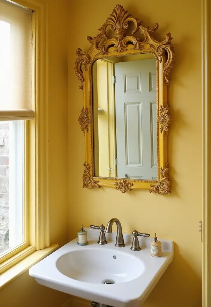 25+ Yellow Bathroom Ideas That Brighten Your Space 17 25+ Yellow Bathroom Ideas That Brighten Your Space - 17. Vintage Yellow Mirrors