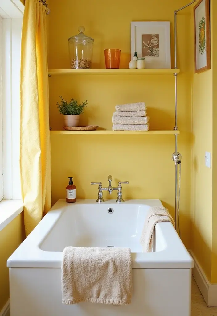 25+ Yellow Bathroom Ideas That Brighten Your Space 23 25+ Yellow Bathroom Ideas That Brighten Your Space - 23. Yellow Accented Shelves
