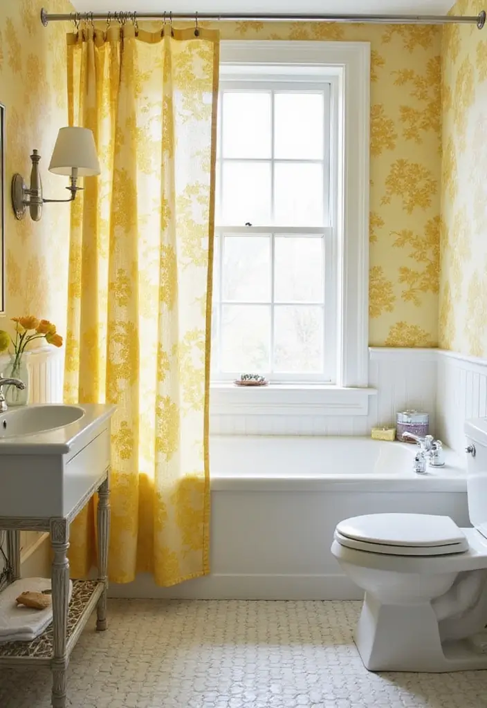 25+ Yellow Bathroom Ideas That Brighten Your Space 5 25+ Yellow Bathroom Ideas That Brighten Your Space - 5. Yellow Floral Patterns