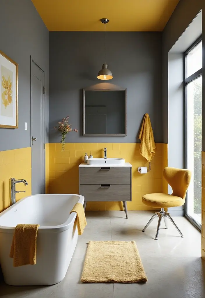 25+ Yellow Bathroom Ideas That Brighten Your Space 9 25+ Yellow Bathroom Ideas That Brighten Your Space - 9. Yellow and Gray Combo