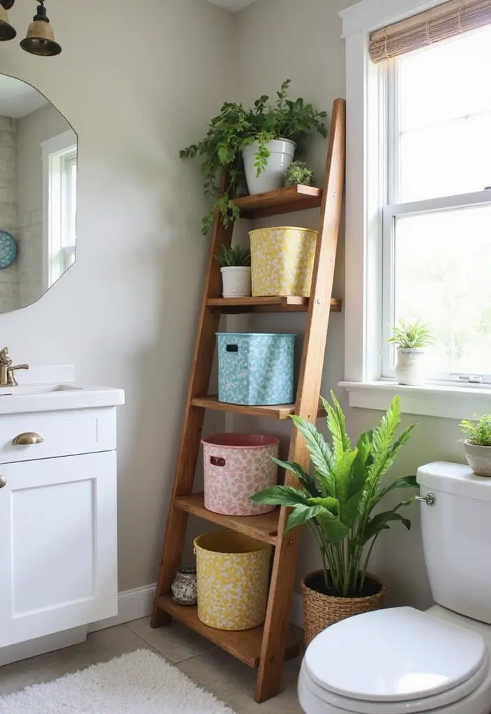 30+ Bathroom Cabinet Ideas That Add Both Style and Storage 12 30+ Bathroom Cabinet Ideas That Add Both Style and Storage - 12. DIY Vintage Ladder Shelf