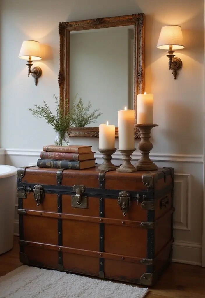 30+ Bathroom Cabinet Ideas That Add Both Style and Storage 13 30+ Bathroom Cabinet Ideas That Add Both Style and Storage - 13. Vintage Trunks as Storage