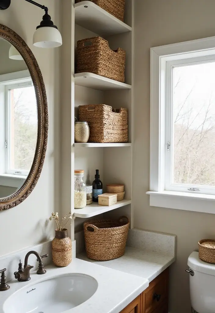 30+ Bathroom Cabinet Ideas That Add Both Style and Storage 14 30+ Bathroom Cabinet Ideas That Add Both Style and Storage - 14. Vintage Basket Cabinets