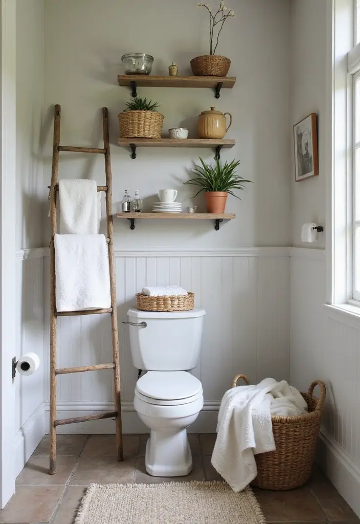 30+ Bathroom Cabinet Ideas That Add Both Style and Storage 15 30+ Bathroom Cabinet Ideas That Add Both Style and Storage - 15. Vintage Ladder & Shelf Combo
