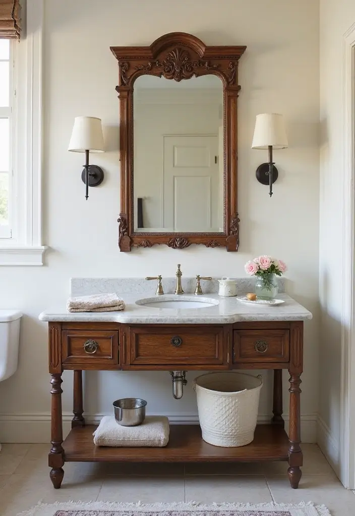 30+ Bathroom Cabinet Ideas That Add Both Style and Storage 16 30+ Bathroom Cabinet Ideas That Add Both Style and Storage - 16. Vintage Console Sink Cabinets