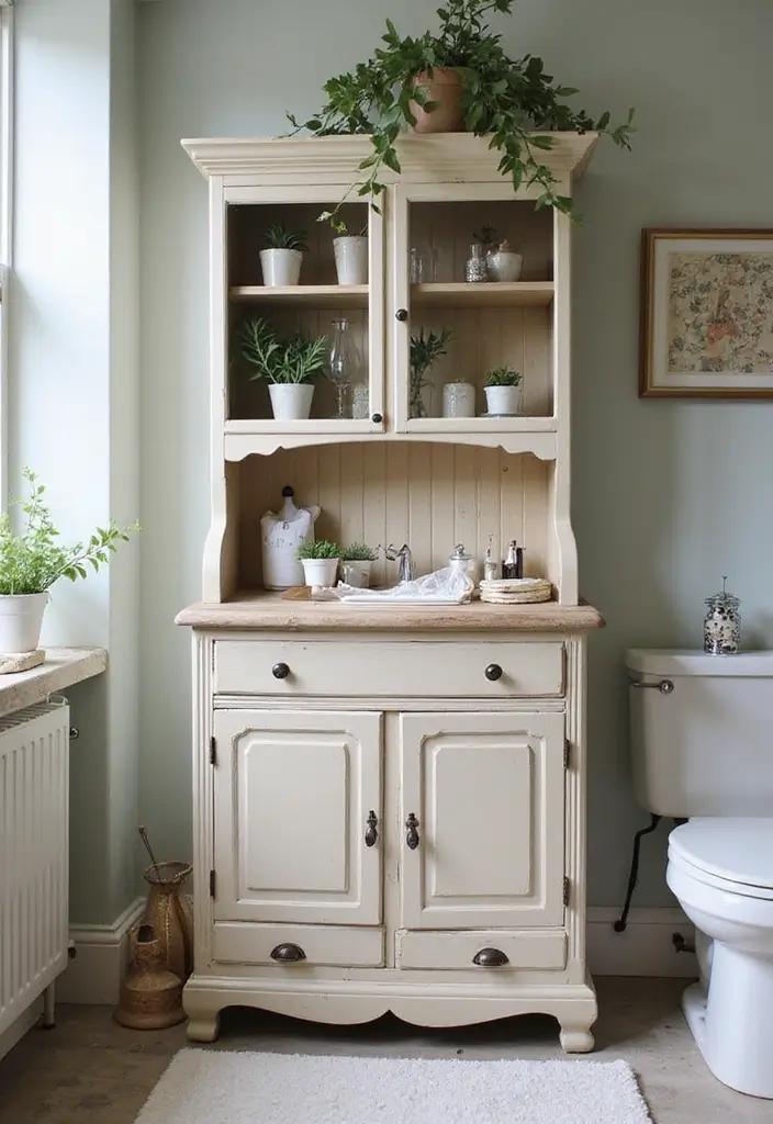30+ Bathroom Cabinet Ideas That Add Both Style and Storage 19 30+ Bathroom Cabinet Ideas That Add Both Style and Storage - 19. Vintage Hutch Cabinets
