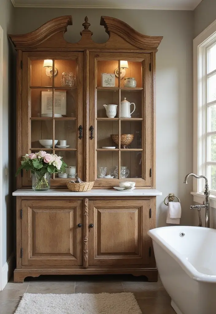 30+ Bathroom Cabinet Ideas That Add Both Style and Storage 25 30+ Bathroom Cabinet Ideas That Add Both Style and Storage - 25. Vintage Cabinets with Glass Fronts