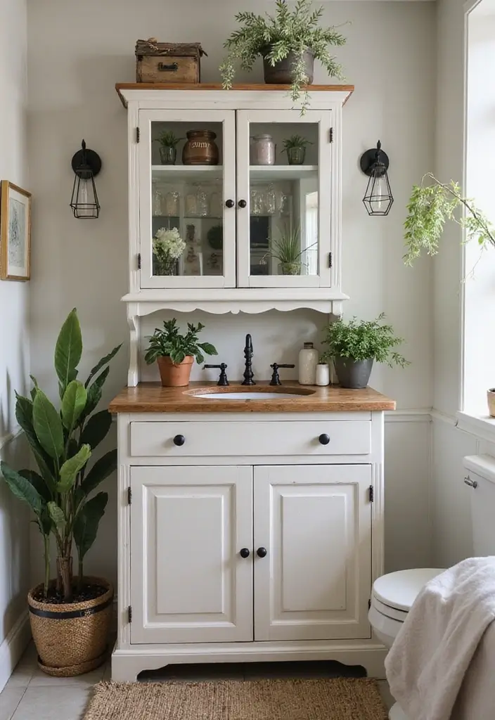 30+ Bathroom Cabinet Ideas That Add Both Style and Storage 26 30+ Bathroom Cabinet Ideas That Add Both Style and Storage - 26. Vintage Farmhouse Style Cabinets