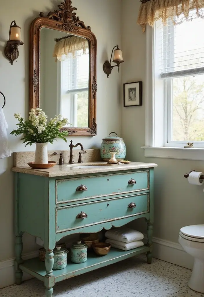 30+ Bathroom Cabinet Ideas That Add Both Style and Storage 3 30+ Bathroom Cabinet Ideas That Add Both Style and Storage - 3. Vintage Washstand Repurposed