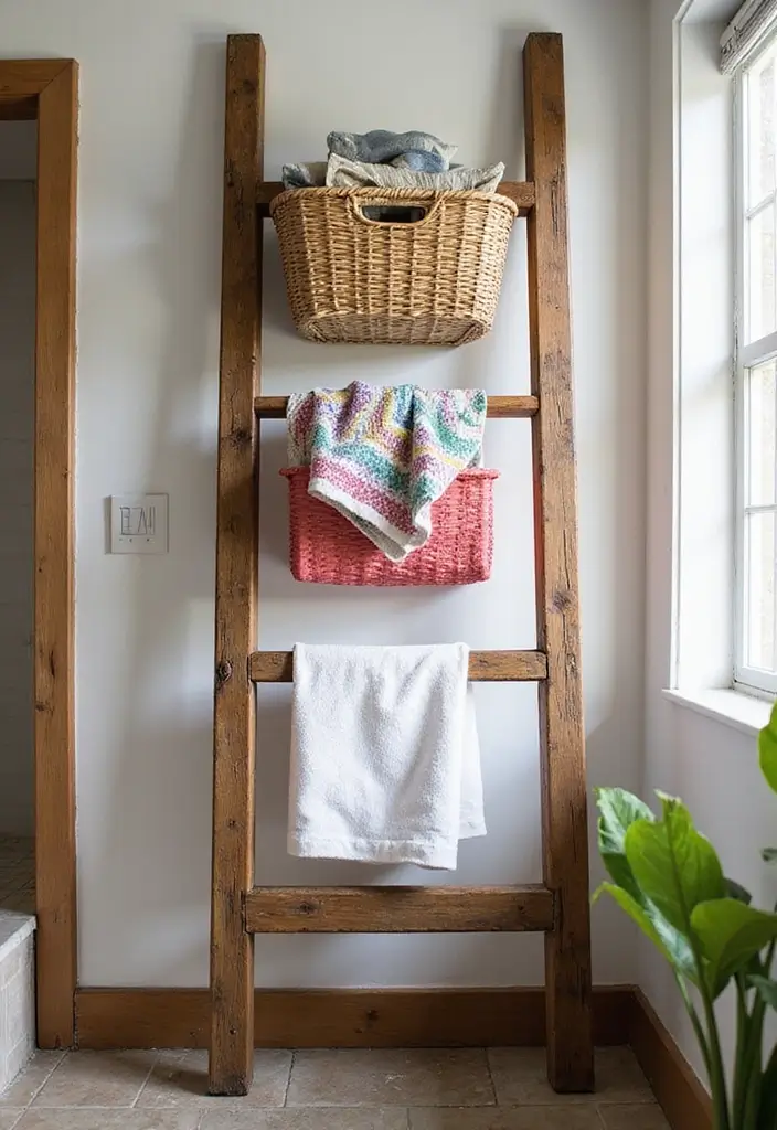 30+ Bathroom Cabinet Ideas That Add Both Style and Storage 7 30+ Bathroom Cabinet Ideas That Add Both Style and Storage - 7. Vintage Ladders as Storage