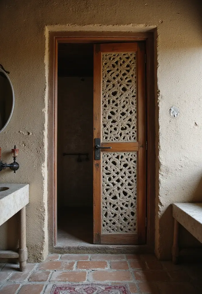 30+ Bathroom Door Ideas That Make a Statement 15 30+ Bathroom Door Ideas That Make a Statement - 15. Lattice Pattern Door