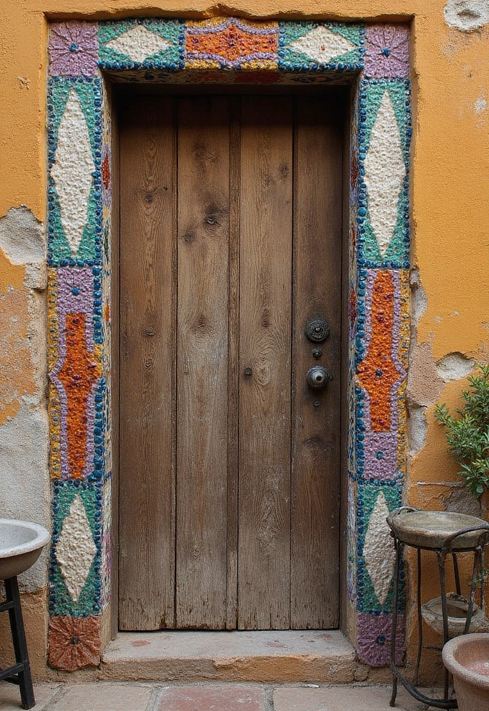 30+ Bathroom Door Ideas That Make a Statement 23 30+ Bathroom Door Ideas That Make a Statement - 23. Rustic Mosaic Door