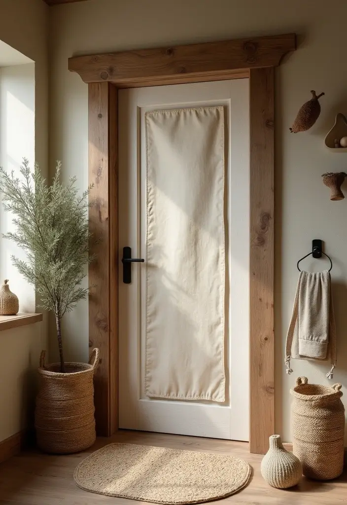 30+ Bathroom Door Ideas That Make a Statement 26 30+ Bathroom Door Ideas That Make a Statement - 26. Rustic Frame with Fabric Door