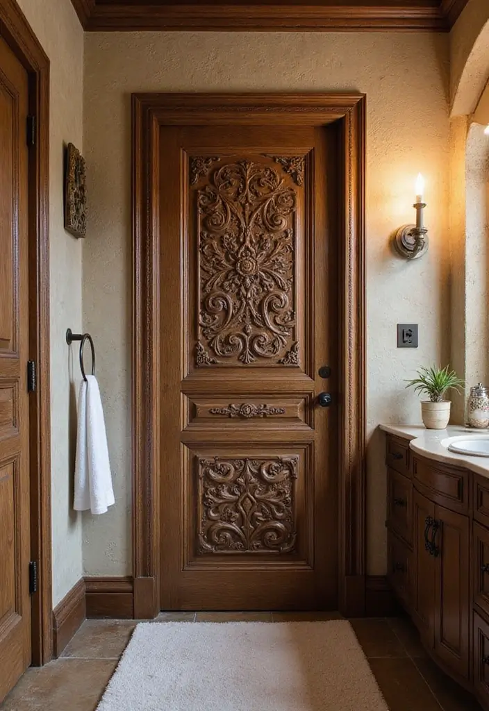 30+ Bathroom Door Ideas That Make a Statement 9 30+ Bathroom Door Ideas That Make a Statement - 9. Custom Carved Door