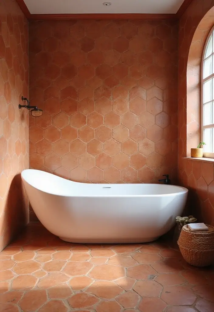 30+ Bathroom Tile Ideas for a Stunning Look 20 30+ Bathroom Tile Ideas for a Stunning Look - 20. Terracotta Hexagon Tiles