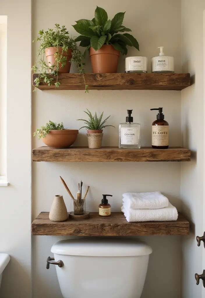 30+ Bathroom Wall Decor Ideas That Elevate Your Space 1 30+ Bathroom Wall Decor Ideas That Elevate Your Space - 1. Reclaimed Wood Shelves