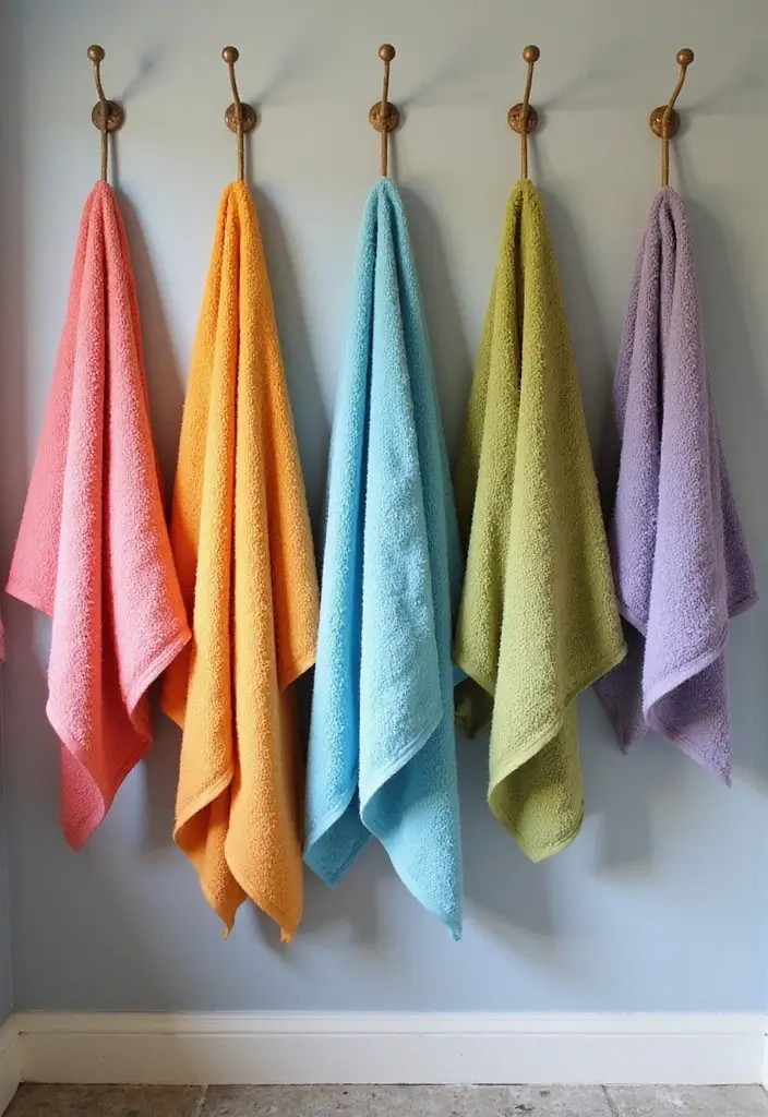 30+ Bathroom Wall Decor Ideas That Elevate Your Space 12 30+ Bathroom Wall Decor Ideas That Elevate Your Space - 12. Colorful Bath Towels on Display