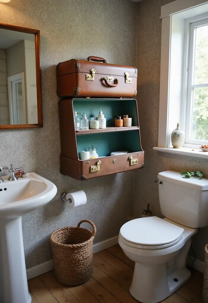 30+ Bathroom Wall Decor Ideas That Elevate Your Space 13 30+ Bathroom Wall Decor Ideas That Elevate Your Space - 13. Vintage Suitcase Storage