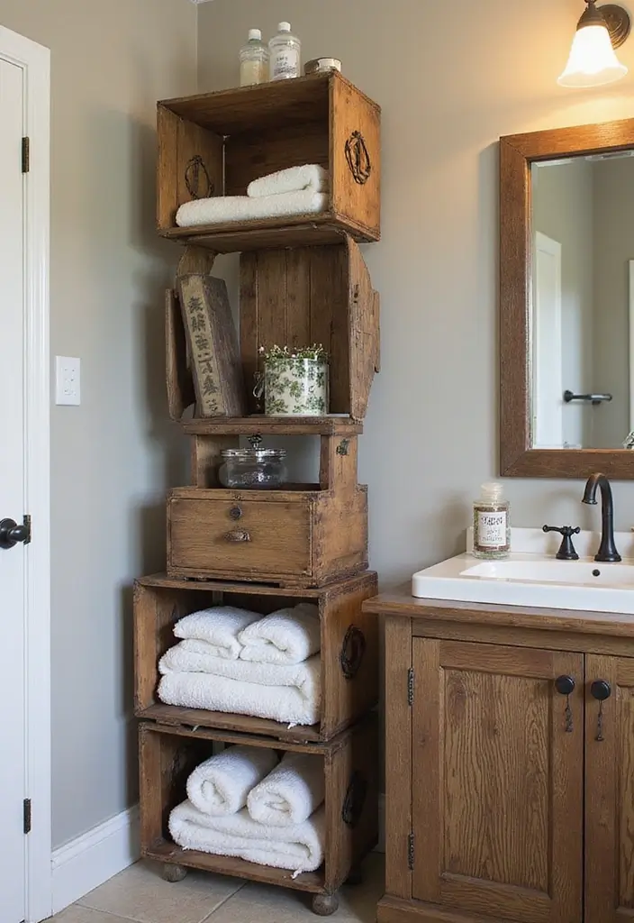 30+ Bathroom Wall Decor Ideas That Elevate Your Space 16 30+ Bathroom Wall Decor Ideas That Elevate Your Space - 16. Vintage Crates for Storage