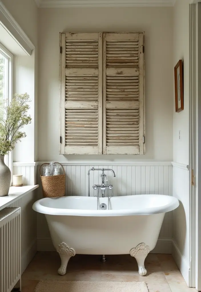 30+ Bathroom Wall Decor Ideas That Elevate Your Space 18 30+ Bathroom Wall Decor Ideas That Elevate Your Space - 18. Rustic Shutters as Wall Decor