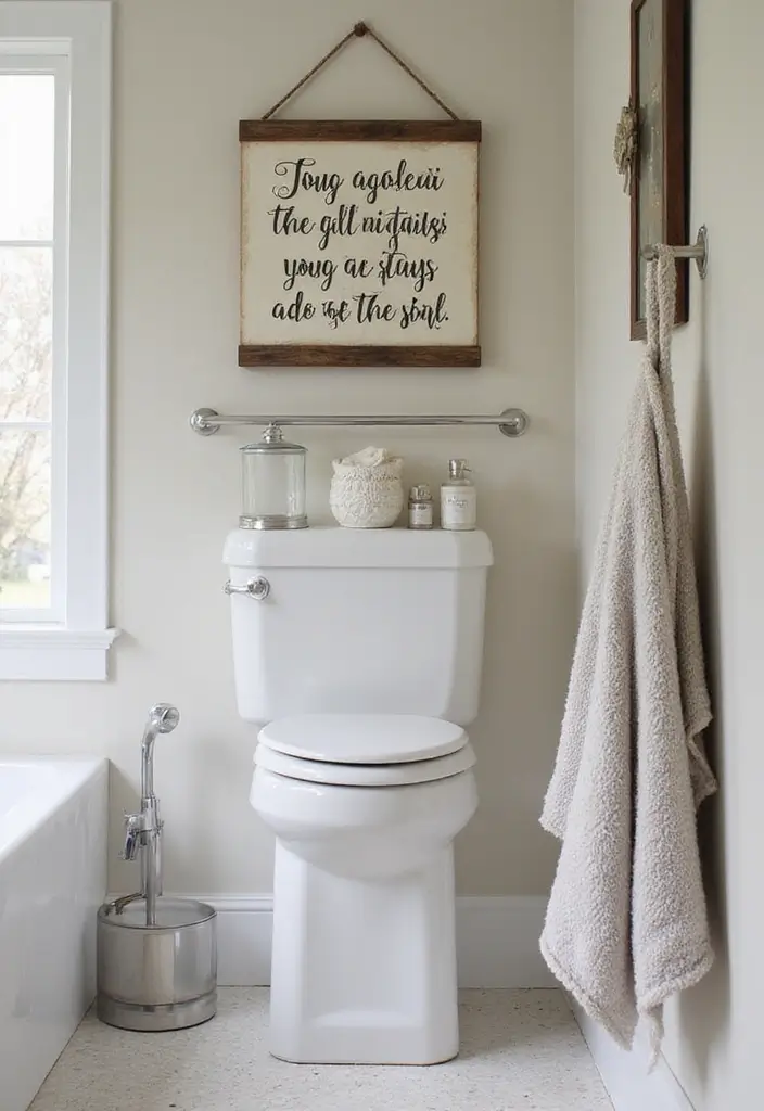 30+ Bathroom Wall Decor Ideas That Elevate Your Space 21 30+ Bathroom Wall Decor Ideas That Elevate Your Space - 21. Rustic Style Hanging Signs