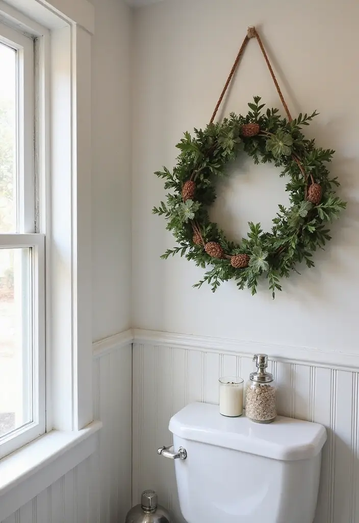 30+ Bathroom Wall Decor Ideas That Elevate Your Space 26 30+ Bathroom Wall Decor Ideas That Elevate Your Space - 26. Hanging Rustic Wreaths