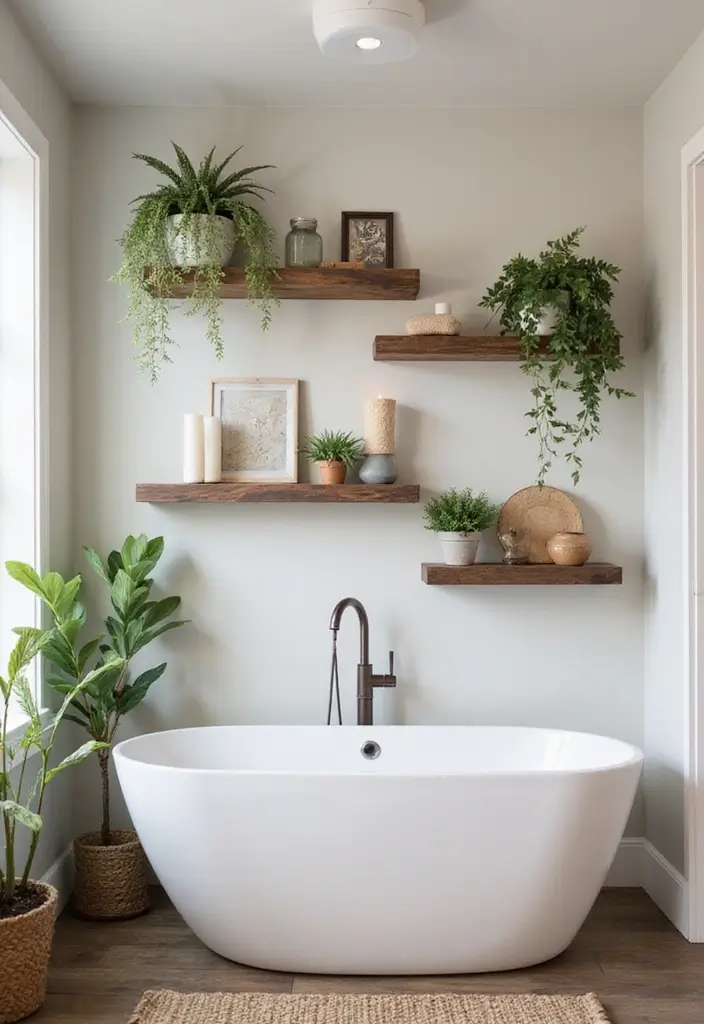 30+ Bathroom Wall Decor Ideas That Elevate Your Space 28 30+ Bathroom Wall Decor Ideas That Elevate Your Space - 28. Rustic Floating Shelves