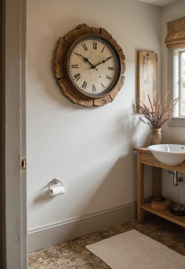 30+ Bathroom Wall Decor Ideas That Elevate Your Space 29 30+ Bathroom Wall Decor Ideas That Elevate Your Space - 29. Rustic Wall Clock