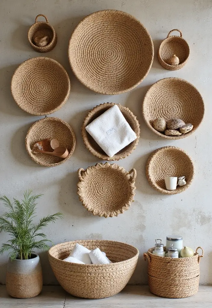 30+ Bathroom Wall Decor Ideas That Elevate Your Space 3 30+ Bathroom Wall Decor Ideas That Elevate Your Space - 3. Woven Wall Baskets