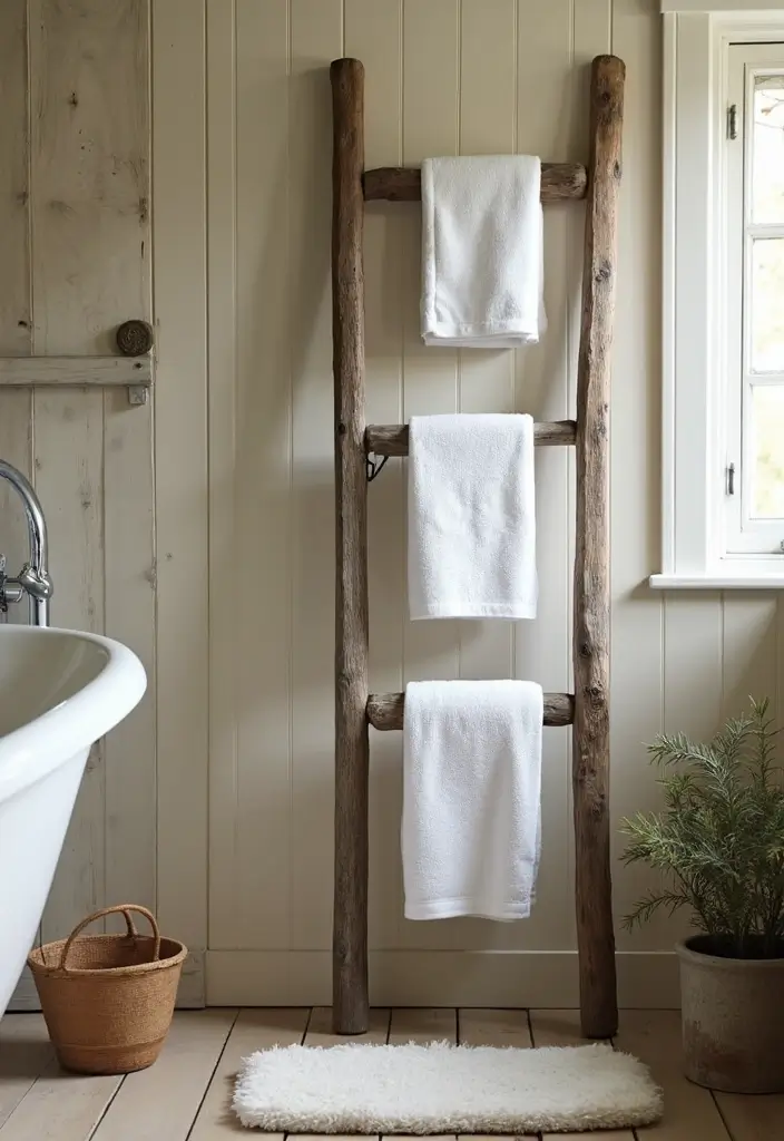 30+ Bathroom Wall Decor Ideas That Elevate Your Space 7 30+ Bathroom Wall Decor Ideas That Elevate Your Space - 7. Vintage Ladder Display