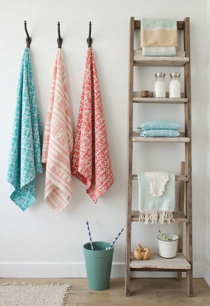 30+ Beach Theme Bathroom Ideas for a Coastal Vibe 10 30+ Beach Theme Bathroom Ideas for a Coastal Vibe - 10. Beach Towel Display