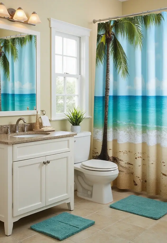 30+ Beach Theme Bathroom Ideas for a Coastal Vibe 11 30+ Beach Theme Bathroom Ideas for a Coastal Vibe - 11. Beachy Shower Curtain