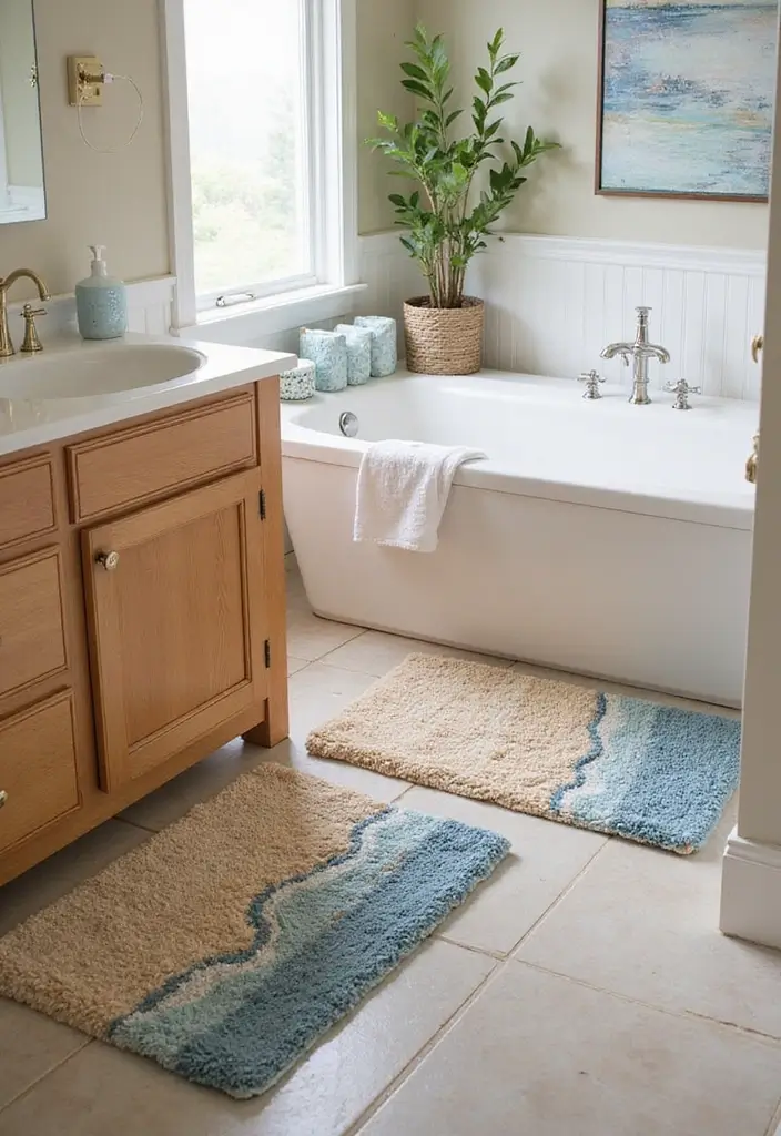 30+ Beach Theme Bathroom Ideas for a Coastal Vibe 15 30+ Beach Theme Bathroom Ideas for a Coastal Vibe - 15. Coastal-Inspired Rugs