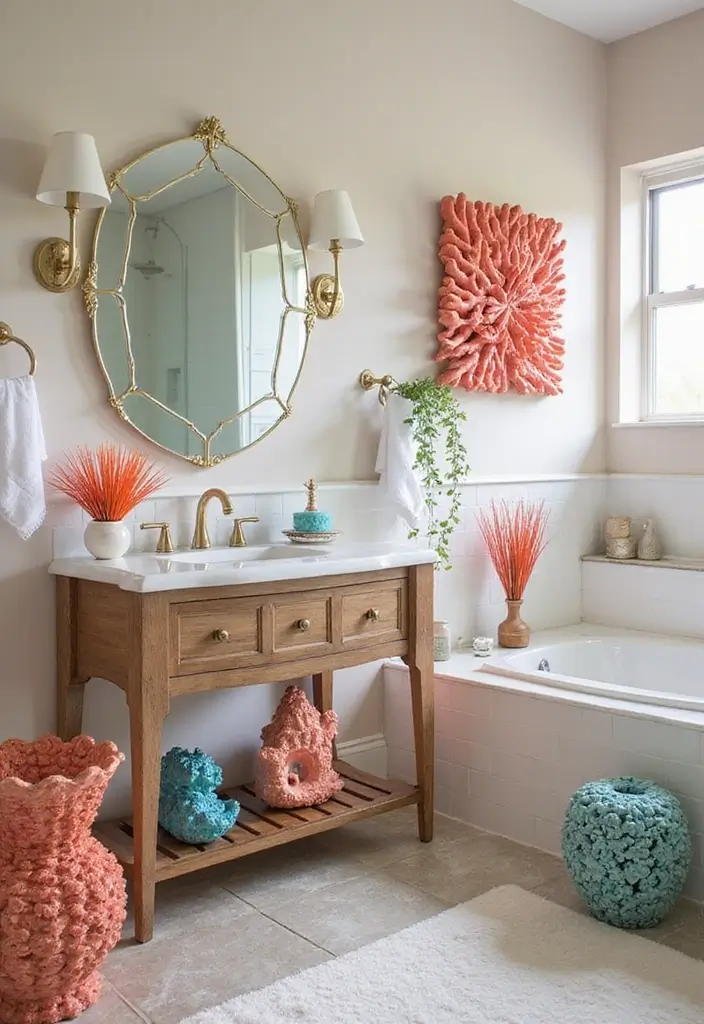 30+ Beach Theme Bathroom Ideas for a Coastal Vibe 16 30+ Beach Theme Bathroom Ideas for a Coastal Vibe - 16. Coral Decorative Accents